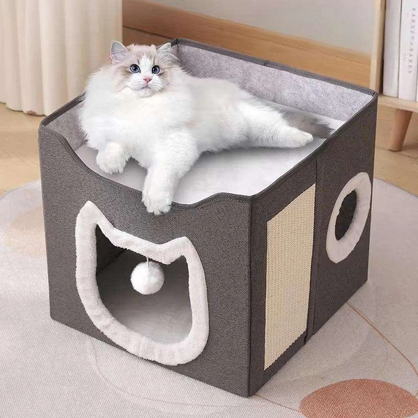 2-Level Foldable Cat Cave Bed with Fluffy Ball Hanging & Side Scratching Board Multi-Function Sleeping Playing Scratching Indoor Cat House