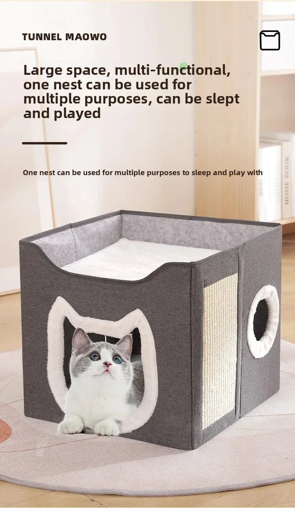 2-Level Foldable Cat Cave Bed with Fluffy Ball Hanging & Side Scratching Board Multi-Function Sleeping Playing Scratching Indoor Cat House