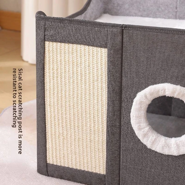 2-Level Foldable Cat Cave Bed with Fluffy Ball Hanging & Side Scratching Board Multi-Function Sleeping Playing Scratching Indoor Cat House