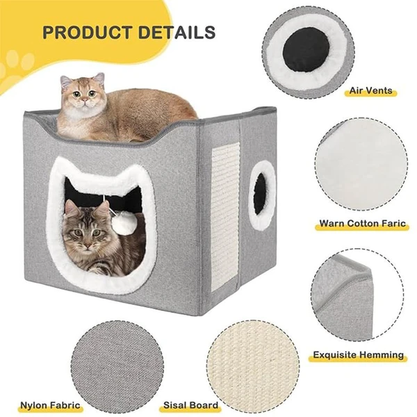 2-Level Foldable Cat Cave Bed with Fluffy Ball Hanging & Side Scratching Board Multi-Function Sleeping Playing Scratching Indoor Cat House