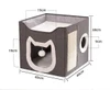 2-Level Foldable Cat Cave Bed with Fluffy Ball Hanging & Side Scratching Board Multi-Function Sleeping Playing Scratching Indoor Cat House 