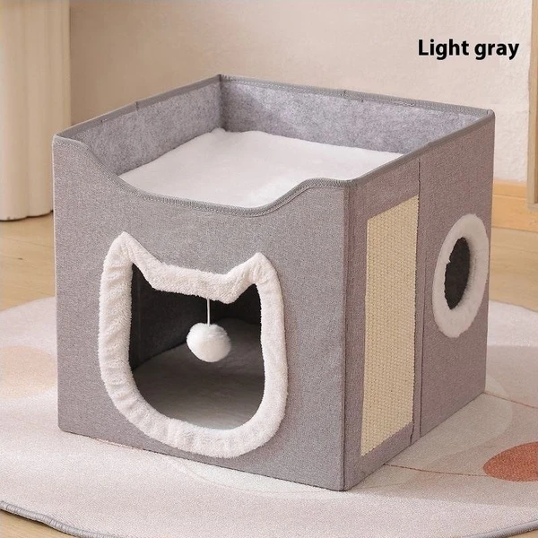 2-Level Foldable Cat Cave Bed with Fluffy Ball Hanging & Side Scratching Board Multi-Function Sleeping Playing Scratching Indoor Cat House