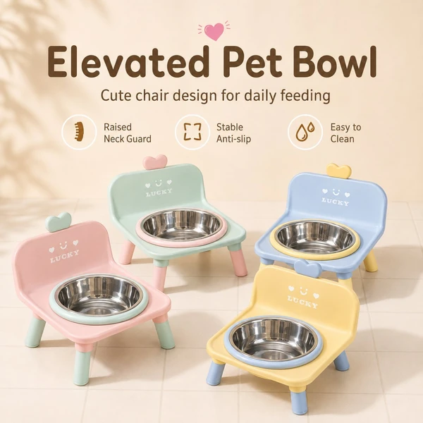 Nunbell Chair-Shaped Elevated Pet Feeding Bowl with Removable Stainless Steel Inner Bowl Anti-Slip Base Easy to Clean for Cats & Small Dogs