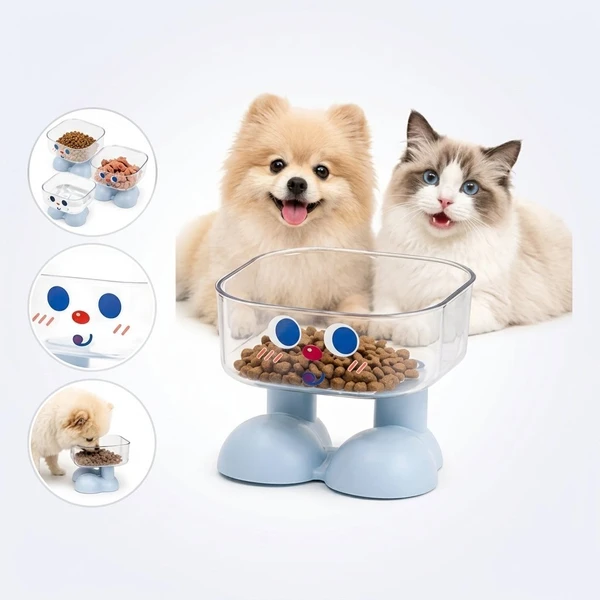 Nunbell Elevated PP Transparent Square Pet Feeding Bowl with Anti-Slip Foot-Shaped Legs Base for Cats & Small Dogs