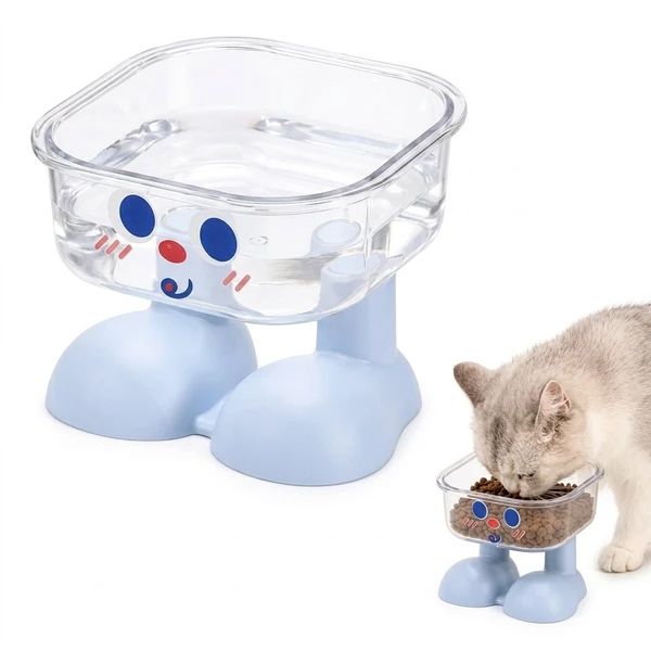 Nunbell Elevated PP Transparent Square Pet Feeding Bowl with Anti-Slip Foot-Shaped Legs Base for Cats & Small Dogs
