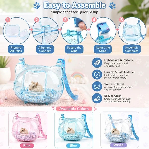 Stylish Transparent PS Hamster Carrier Bag with Adjustable Shoulder Strap – Durable Breathable Hangable Lightweight Outdoor Travel Bag for Small Pet