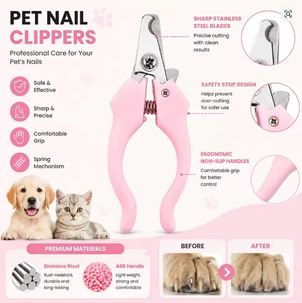Stainless Steel Pet Nail Clippers with Ergonomic Curved Shape Handle, Sharp Blade, Safety Guard, Spring Mechanism & Security Lock for Cats and Small Dogs 