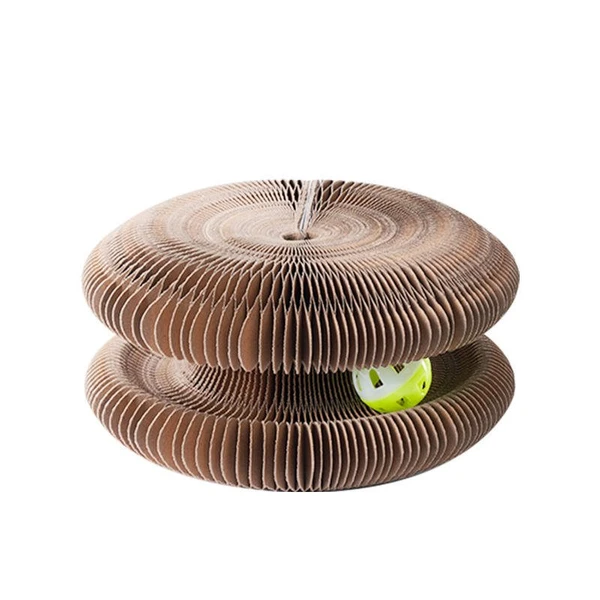 Cat Head Shape Deformable Foldable Corrugated Paper Cat Scratching Board with Strong Magnets & Bell Ball Cat Toy