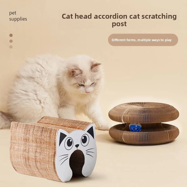 Cat Head Shape Deformable Foldable Corrugated Paper Cat Scratching Board with Strong Magnets & Bell Ball Cat Toy
