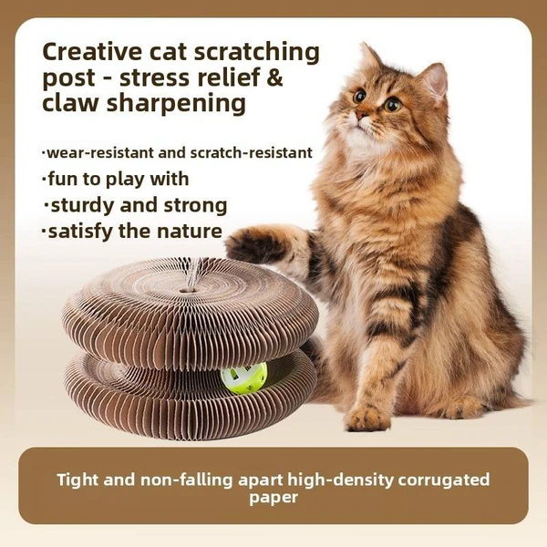 Cat Head Shape Deformable Foldable Corrugated Paper Cat Scratching Board with Strong Magnets & Bell Ball Cat Toy