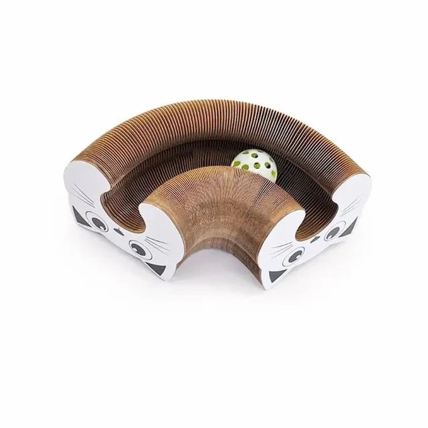 Cat Head Shape Deformable Foldable Corrugated Paper Cat Scratching Board with Strong Magnets & Bell Ball Cat Toy