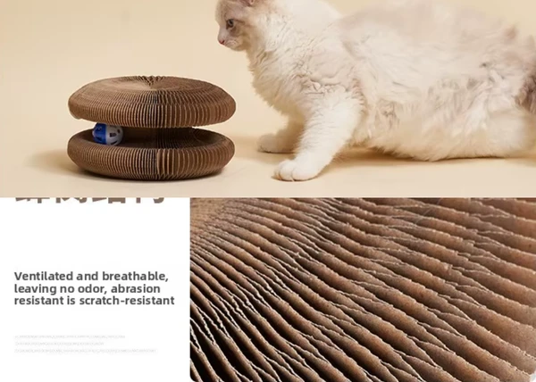 Cat Head Shape Deformable Foldable Corrugated Paper Cat Scratching Board with Strong Magnets & Bell Ball Cat Toy