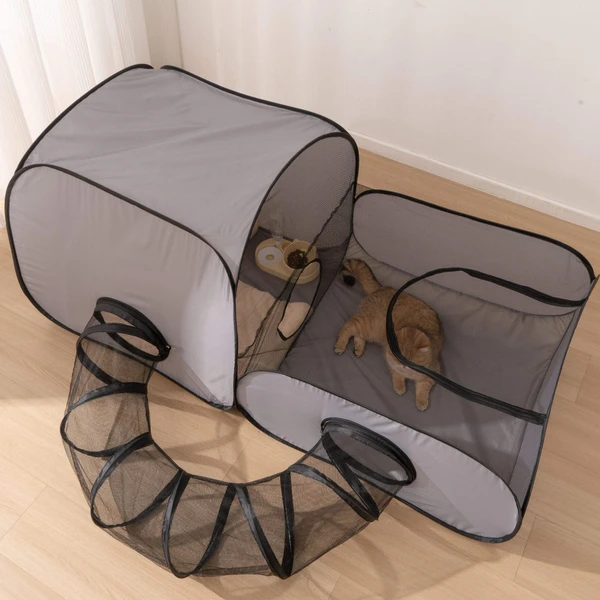 Portable Foldable Pet Tent with Surround Tunnel – Playpen with Soft Oxford Fabric, Breathable Mesh and Strong Wire for Cats & Small Pets