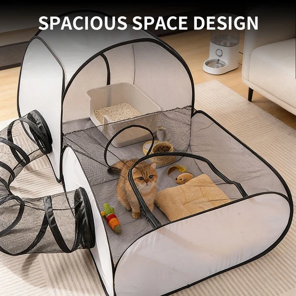 Portable Foldable Pet Tent with Surround Tunnel – Playpen with Soft Oxford Fabric, Breathable Mesh and Strong Wire for Cats & Small Pets
