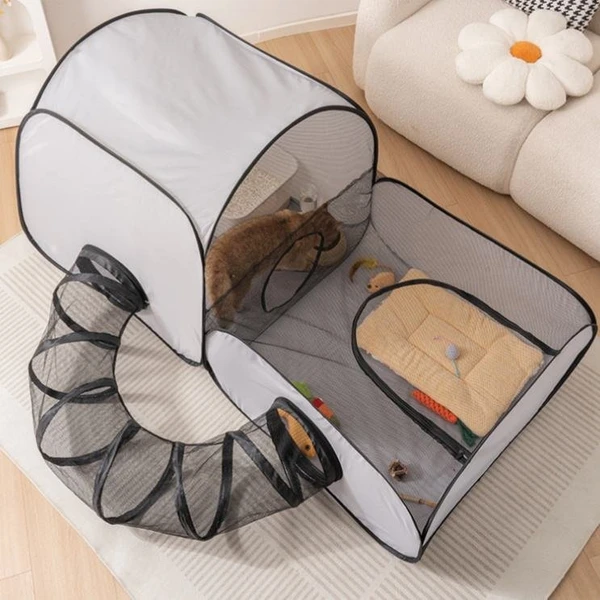 Portable Foldable Pet Tent with Surround Tunnel – Playpen with Soft Oxford Fabric, Breathable Mesh and Strong Wire for Cats & Small Pets