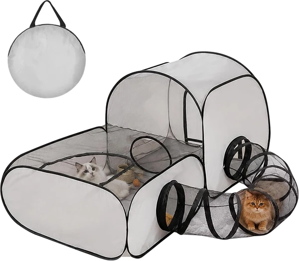 Portable Foldable Pet Tent with Surround Tunnel – Playpen with Soft Oxford Fabric, Breathable Mesh and Strong Wire for Cats & Small Pets