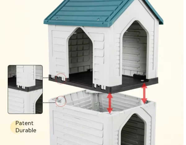 Modern Detachable Breathable Outdoor Double Level Plastic Dog House with Three Metal Doors & Four Step Ladder for Small Dogs (62.5x48x94h) - Light Blue
