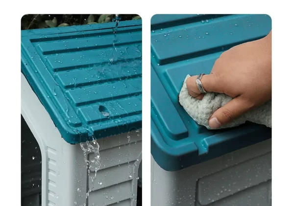 Modern Detachable Breathable Outdoor Double Level Plastic Dog House with Three Metal Doors & Four Step Ladder for Small Dogs (62.5x48x94h) - Light Blue