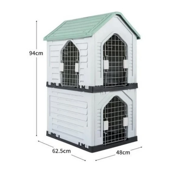 Modern Detachable Breathable Outdoor Double Level Plastic Dog House with Three Metal Doors & Four Step Ladder for Small Dogs (62.5x48x94h) - Light Blue