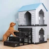 Modern Detachable Breathable Outdoor Double Level Plastic Dog House with Three Metal Doors & Four Step Ladder for Small Dogs (62.5x48x94h) - Light Blue