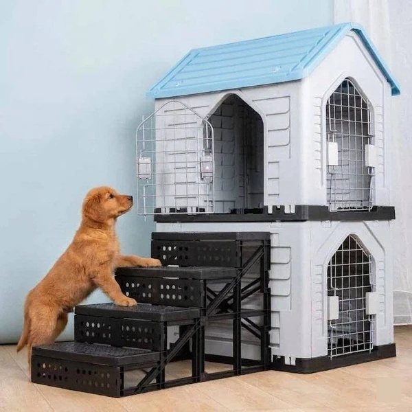 Modern Detachable Breathable Outdoor Double Level Plastic Dog House with Three Metal Doors & Four Step Ladder for Small Dogs (62.5x48x94h) - Light Blue
