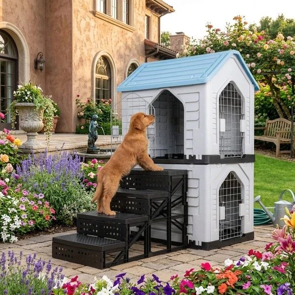 Modern Detachable Breathable Outdoor Double Level Plastic Dog House with Three Metal Doors & Four Step Ladder for Small Dogs (62.5x48x94h) - Light Blue