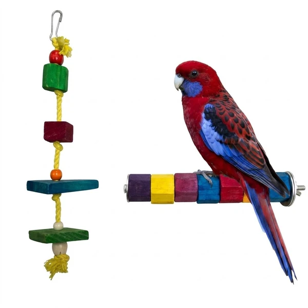2pcs Bird Cage Accessory Set (30 cm Bird Toy, 20 cm Parrot Colored Perch) Suitable for Quaker Parrots, Senegal, Rosella, Parrots, Caique, Ringneck, Parrotlet, Conure, Cockatiel and Love Birds