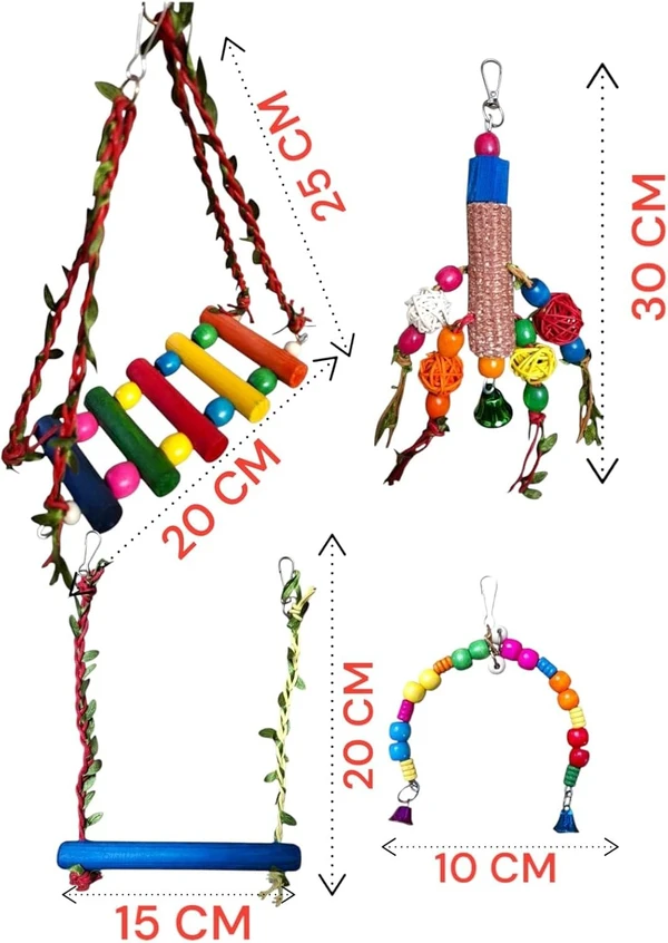 4pcs Bird Toy Set - Swing, ladder & natural wood toys for Cockatiels, Lovebird, Budgie and Conure