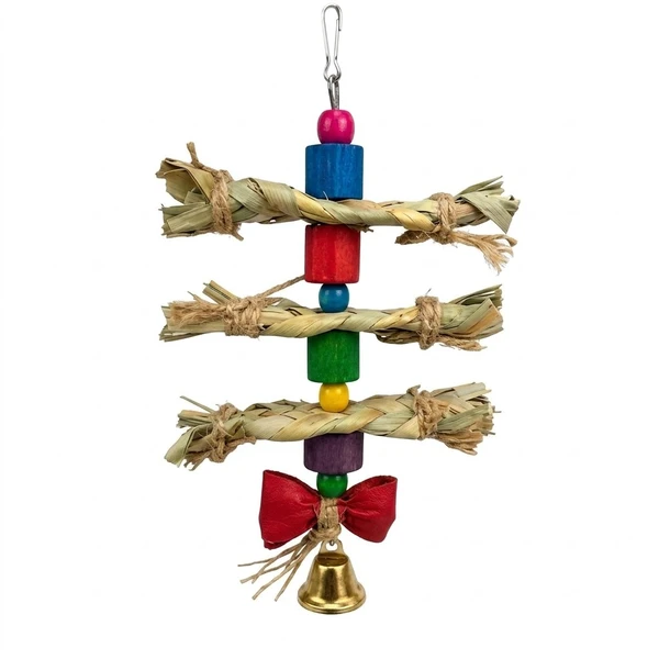 Natural Wood & Palm leaves Bird Chewing Toy with Bell - Colorful Parrot Foraging Hanging Cage Toy for Parakeets, Cockatiels, Conures, Lovebirds, Small & Medium Birds (30x15 cm)