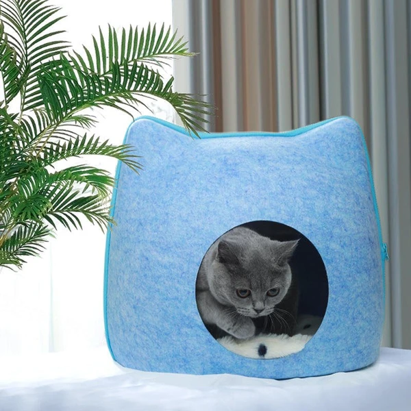 Stylish Cat Face Shaped Soft Warm Felt Cat Cave Bed – Comfortable Foldable Durable Cat House (40x38x38h) cm