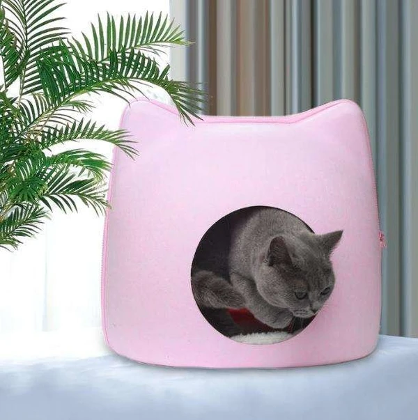 Stylish Cat Face Shaped Soft Warm Felt Cat Cave Bed – Comfortable Foldable Durable Cat House (40x38x38h) cm