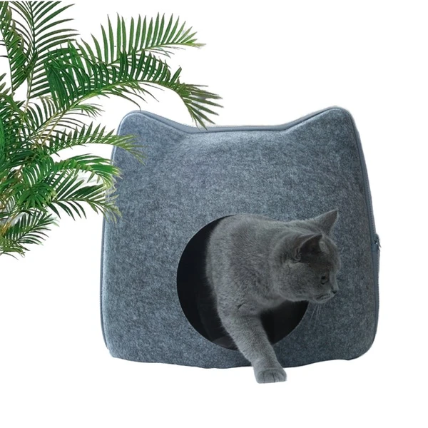 Stylish Cat Face Shaped Soft Warm Felt Cat Cave Bed – Comfortable Foldable Durable Cat House (40x38x38h) cm