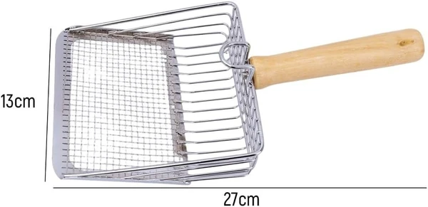 Durable Stainless Steel Cat Litter Scoop with Wooden Hand 27x13 cm