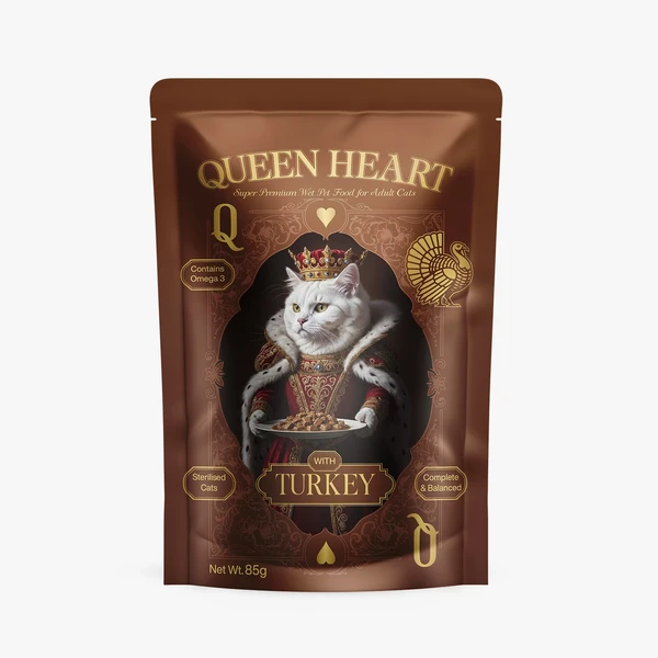 Queen Heart Super Premium Sterilised Cat Wet Food Complete and Balanced with Turkey & Omega-3 Pouch 85g