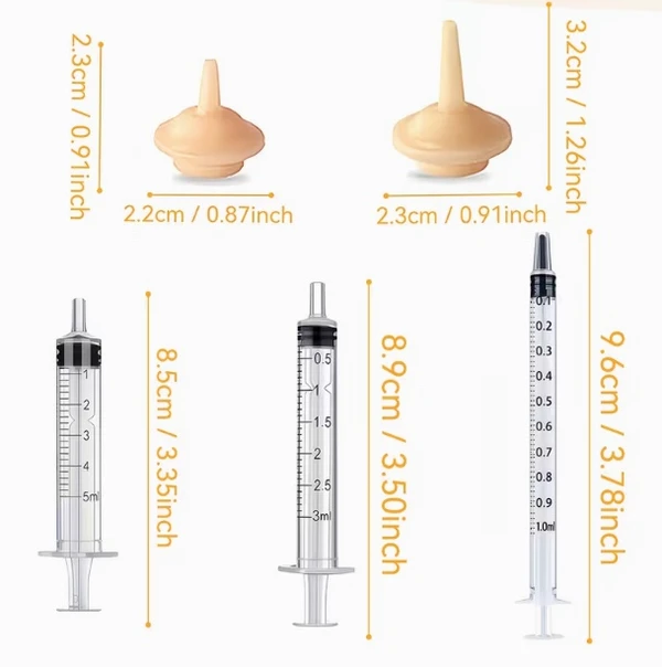 Kitten & Puppy Reusable Milk Feeding Set of 3 Syringes (1ml, 3ml & 5ml) & 2 Different Sizes Nipples