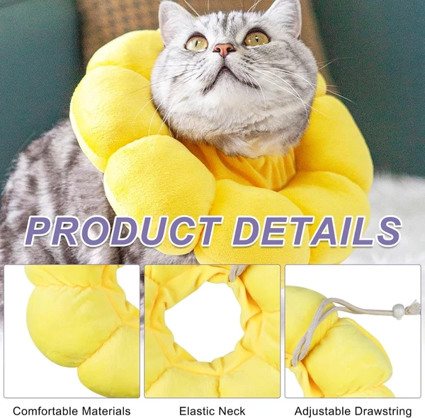 Comfortable Sunflower Shaped Pet Recovery Collar Anti Licking Wounds After Surgery with Adjustable Drawstring Closure for Cats & Small Dogs