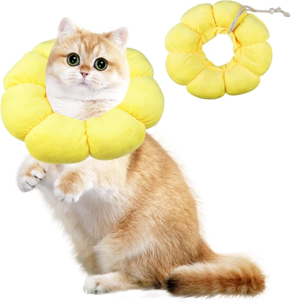 Comfortable Sunflower Shaped Pet Recovery Collar Anti Licking Wounds After Surgery with Adjustable Drawstring Closure for Cats & Small Dogs