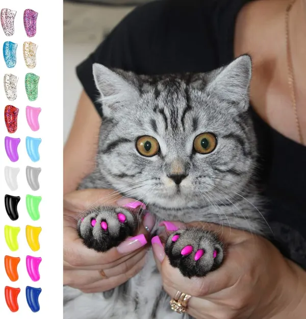 20 Pcs Colorful Silicone Cat Nail Caps with Adhesive Glue – Soft Covers for Claws Care, Anti-scratch and Beautiful Look