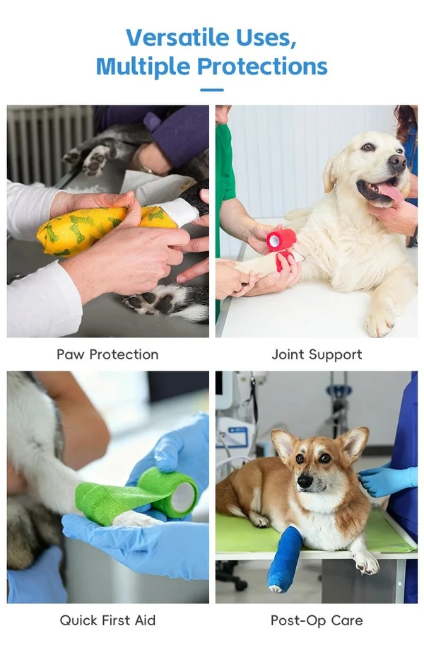 Veterinary Pet Self Adhesive Elastic Wrap Bandage – Breathable Stretchable Comfortable Non-Woven Fabric Waterproof First Aid Tape (5cmx4.5m) for Dogs & Cats