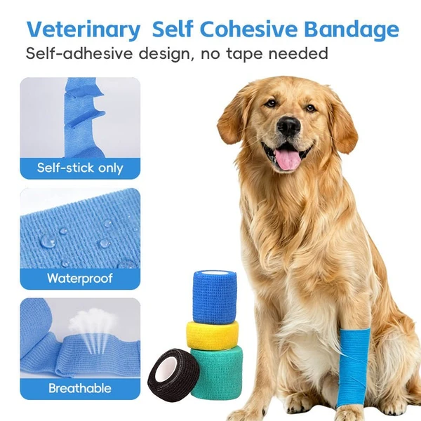 Veterinary Pet Self Adhesive Elastic Wrap Bandage – Breathable Stretchable Comfortable Non-Woven Fabric Waterproof First Aid Tape (5cmx4.5m) for Dogs & Cats