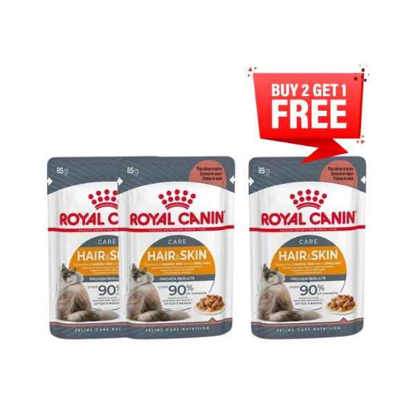 (2+1 Free) Buy 2 Get 3 Royal Canin Hair & Skin Intense Beauty Care Adult Cat Wet Food in Gravy 85g Pouch