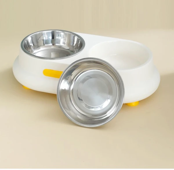 Cute Duck Shaped 3-in-1 Pet Feeder – Double Stainless Steel Food and Water Bowls with Slow Feeder Tray for Cats & Small Dogs