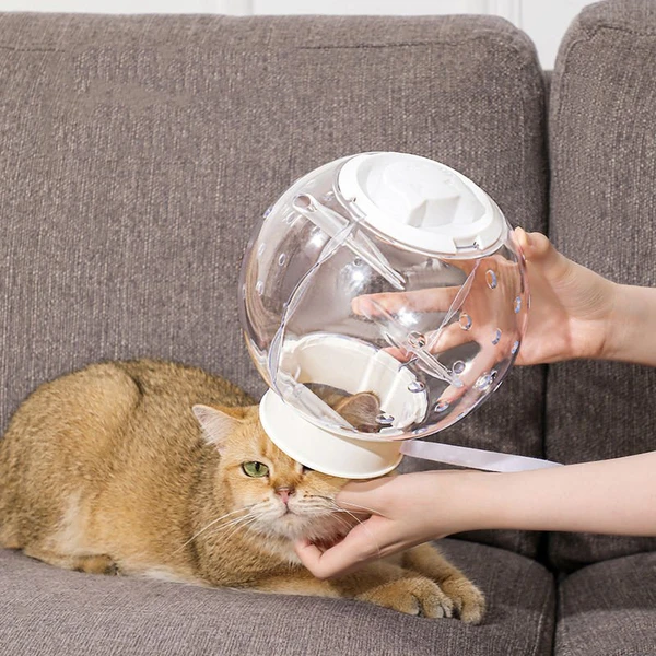 Transparent ABS Cat Helmet with Adjustable Velcro Neck Strap – Breathable Lightweight Anti Bite Head Muzzle for Postoperative Protection, Grooming, Shaving and Bathing (18cm Diameter)