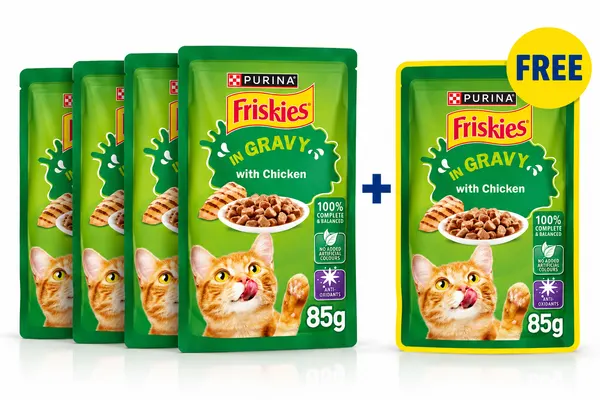 Purina Friskies Chunks in Gravy Adult Cat Wet Food with Chicken Pouch 85g (4+1 Free)