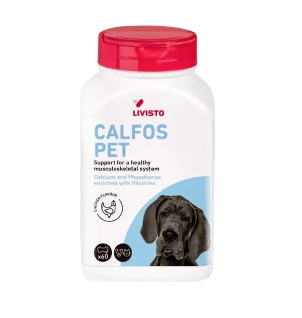 LIVISTO CALFOS PET Support for a Healthy Musculoskeletal System, Calcium & Phosphorus Enriched with Vitamins, Chicken Flavour, 60 Tabs for Dogs