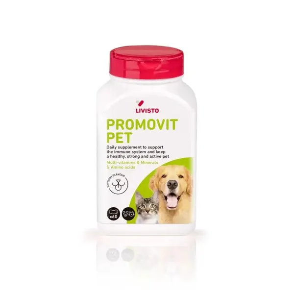 LIVISTO PROMOVIT PET Daily Supplement to Support The Immune System and Keep a Healthy, Strong and Active Pet, Multi-vitamins, Minerals & Amino acids, Savoury Flavour, 60 Tabs for Dogs & Cats