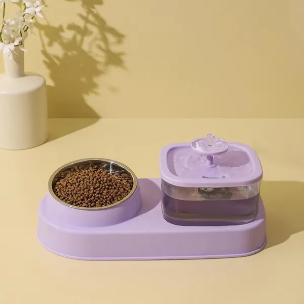 2-in-1 Pet Feeding Station – Automatic Flower Pet Water Fountain with Removable Stainless Steel Food Bowl for Cats & Small Dogs
