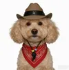 Cowboy Pet Hat & Bandana Se, Adjustable Hat with Star Decor& Scarf for Cats & Small Dogs, Photo Props for Halloween & Birthday Party - Brown