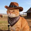 Cowboy Pet Hat & Bandana Se, Adjustable Hat with Star Decor& Scarf for Cats & Small Dogs, Photo Props for Halloween & Birthday Party - Brown