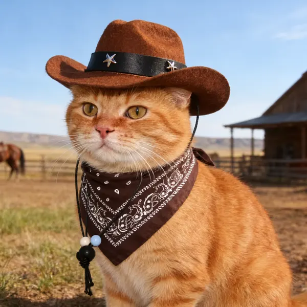 Cowboy Pet Hat & Bandana Se, Adjustable Hat with Star Decor& Scarf for Cats & Small Dogs, Photo Props for Halloween & Birthday Party - Brown